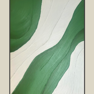 Textured painting on board titled 'Emerald Drift,' featuring flowing green and white abstract patterns framed in sleek black.