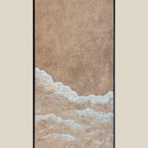 Textured painting on board titled 'Ethereal Sandscape,' featuring earthy tones with wave-like patterns and a sleek black frame.