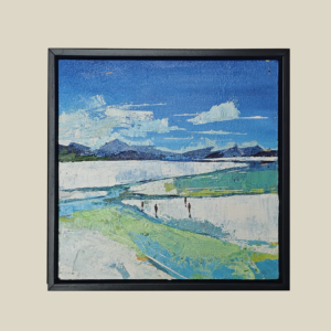 Acrylic painting on canvas depicting a serene landscape with a vibrant blue sky, scattered white clouds, green fields, and calm waters, framed in a minimalist black frame.