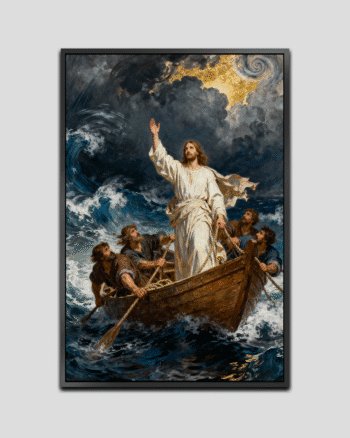 Jesus standing on a stormy sea, commanding the crashing waves and swirling clouds to be still, as a radiant light shines upon Him.