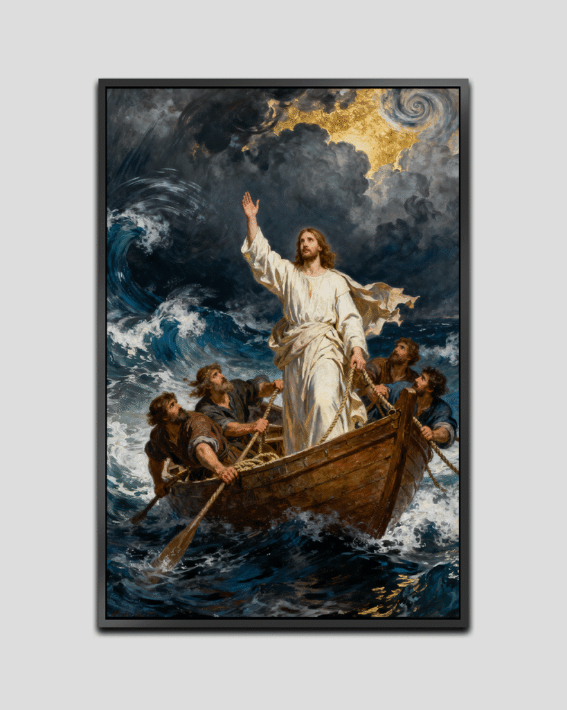 Jesus standing on a stormy sea, commanding the crashing waves and swirling clouds to be still, as a radiant light shines upon Him.