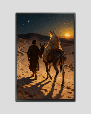 Mary and Joseph traveling through the desert at sunset, walking together under warm golden light with a peaceful landscape behind them.