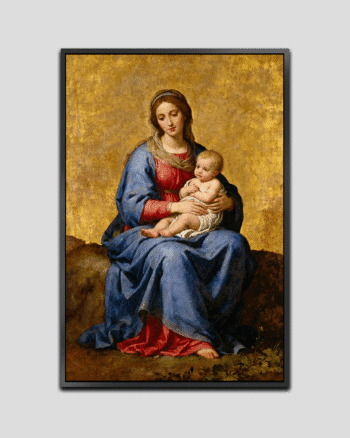 Mary holding the infant Jesus in her arms, seated against a warm golden background, symbolizing purity, love, and sacred grace.