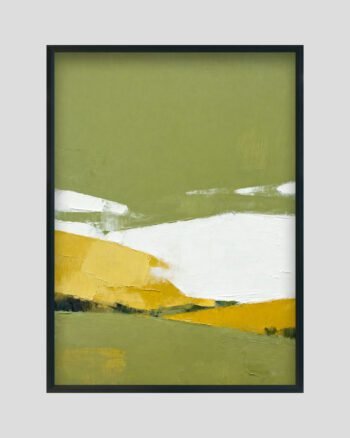 Minimalist landscape painting with olive-green fields, golden textured hills, and white abstract highlights.