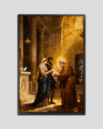 Mary and Joseph presenting the infant Jesus at the temple as the elderly Simeon holds the child with reverence, surrounded by warm symbolic light.