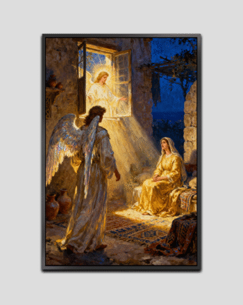 Angel visiting Mary as heavenly light streams through the window, illuminating her serene expression during the divine announcement.