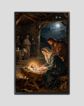 Mary and Joseph gazing at the radiant infant Jesus in the manger inside a humble stable, with shepherds watching and the Star of Bethlehem shining above.