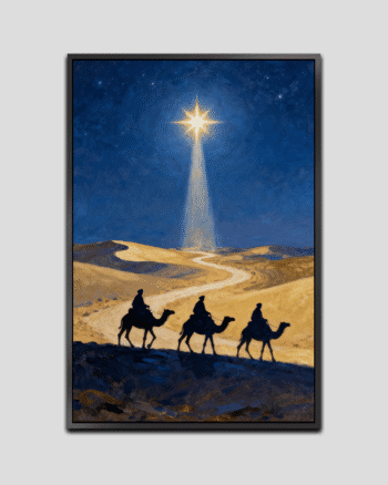 Three Wise Men traveling across golden desert dunes at night, guided by the radiant Star of Bethlehem under a glowing sky.