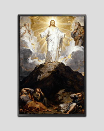 Jesus revealed in radiant glory on the mountain with Moses and Elijah beside Him, surrounded by brilliant light, clouds, and astonished disciples.