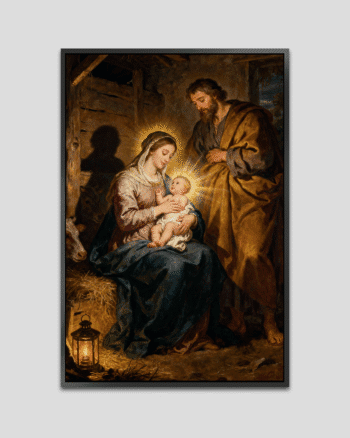 Mary cradling the infant Jesus while Joseph stands nearby, illuminated by warm lantern light in a peaceful stable with animals.