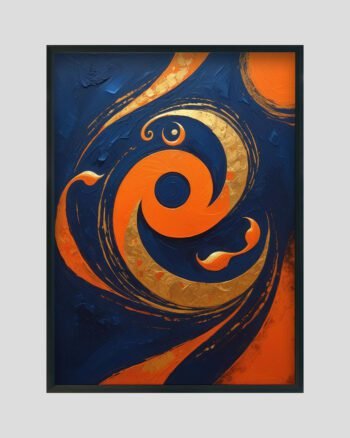 Modern abstract swirl painting in blue, orange, and gold with textured brushstrokes