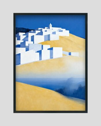 Minimalist landscape painting featuring white geometric hillside houses against deep blue sky and golden-yellow slopes with a soft misty foreground.