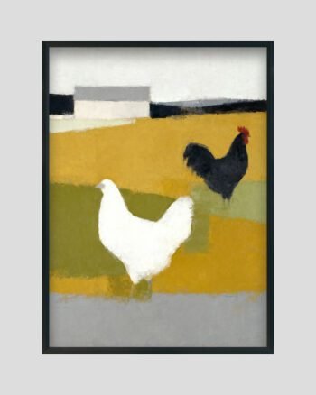 Abstract farm painting featuring white hen and black rooster on yellow and green fields with farmhouse background.