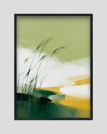 Abstract nature painting with tall green grass, olive sky, and golden field layers.