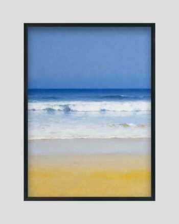 Minimalist beach landscape painting featuring calm ocean waves, golden sand, and a soft blue sky.