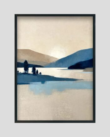 Minimalist blue landscape painting of mountains and calm water with soft sunrise reflections.