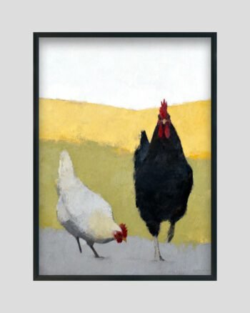 Minimalist rooster and hen painting with black rooster and white chicken on yellow and green farm landscape.