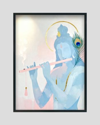 Modern Krishna painting in soft pastel blue tones with flute, golden halo, and peacock feather.