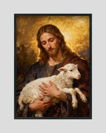 Jesus holding a lamb with glowing golden background – Divine Shepherd Christian wall art