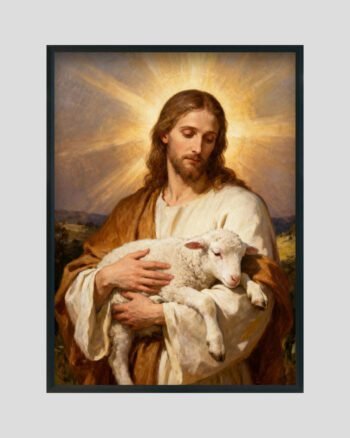 Jesus holding a lamb painting – Christian devotional wall art in warm golden light