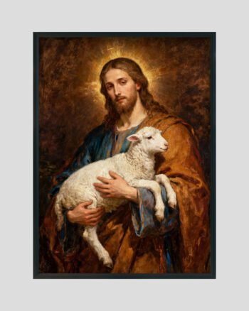 Christian devotional painting of Jesus embracing a lamb, symbolizing peace and protection.