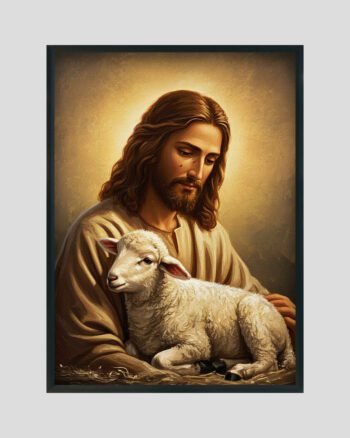 Divine Shepherd painting of Jesus holding a lamb – spiritual Christian wall art in warm golden tones