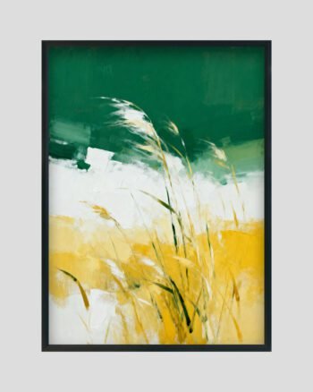 Emerald Breeze – Modern abstract grass landscape wall art with green and golden tones by Athma Art Studio