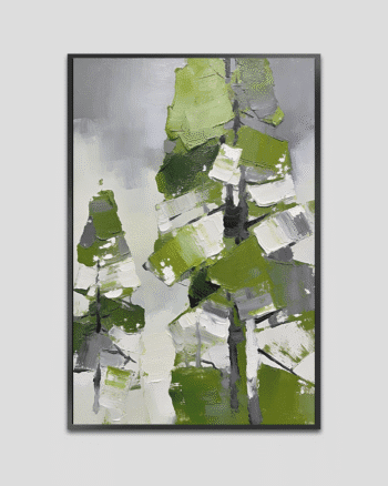 Abstract forest painting with layered green and grey tones, featuring textured trees and a calm, modern natural aesthetic.