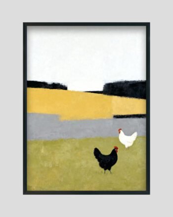 Minimalist farmyard painting featuring black and white hens on green grass with abstract yellow and grey background.