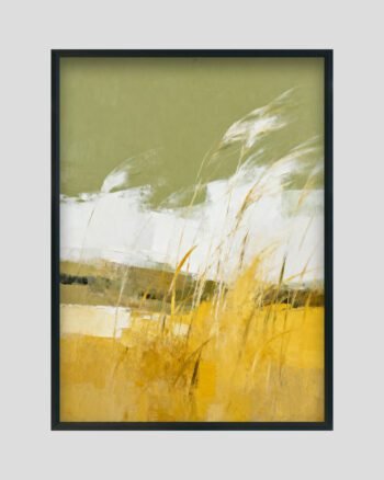 Abstract painting of golden grass swaying in the wind with olive-green sky and white textured highlights.