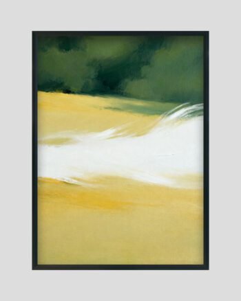 Minimalist abstract landscape painting with deep green trees, flowing white strokes, and golden-yellow fields.