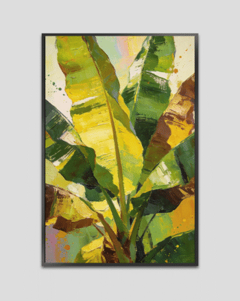 Modern abstract banana leaf artwork with rich green and golden hues, perfect for elegant and nature-inspired interiors.