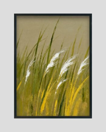 Abstract painting of golden and green wild grass blowing in the wind on an earthy beige background.