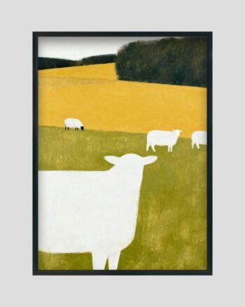 Abstract minimalist sheep painting with white sheep grazing on green and golden-yellow fields under a soft sky.