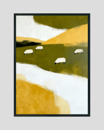 Modern minimalist landscape painting featuring grazing sheep on golden hills with soft green and white tones, creating a calm countryside atmosphere.