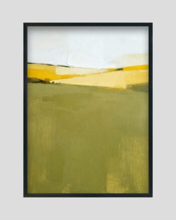 Minimalist landscape painting with olive-green fields, golden-yellow layers, and textured white sky.