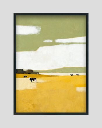 Minimalist landscape painting with black and white cows grazing in golden fields under green and white sky.