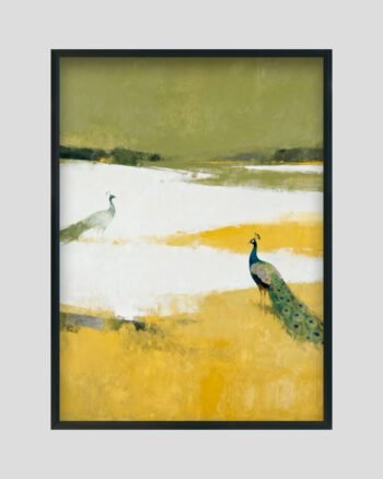 Modern minimalist peacock painting featuring two peacocks on golden-yellow fields with soft white strokes and an olive-green sky.