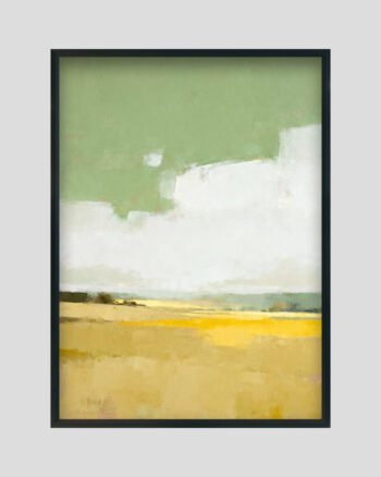 Minimalist landscape painting with soft green sky, white clouds, and golden-yellow fields.