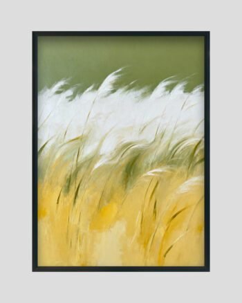 Abstract painting of golden wild grass blowing in the wind with green and white background.