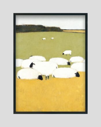 Minimalist sheep artwork showing a flock of white sheep on golden pastures with a serene green field background.