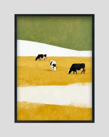 Minimalist countryside painting with black and white cows grazing on golden fields, with white strips and a soft green sky.