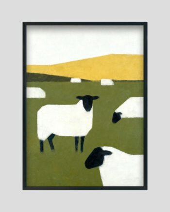 Modern minimalist sheep artwork showing black-faced white sheep standing and grazing on green fields with golden hills in the background.