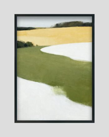 Minimalist landscape painting with green fields, white abstract curves, and golden-yellow plains.