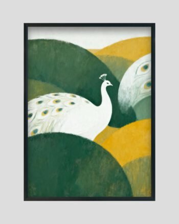 Modern abstract peacock painting featuring a white peacock with elegant feathers set against layered green and golden hills.
