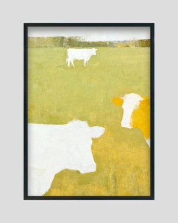 Minimalist cow painting with abstract white and yellow cows in green meadow landscape.