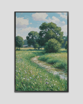Landscape painting of a green meadow with a winding path, trees, and soft blue sky, painted in a calm and natural style.