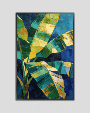 Modern abstract banana leaf artwork in rich blue, green, and gold hues, perfect for luxury interiors and contemporary spaces.