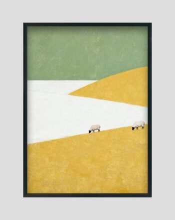 Minimalist sheep landscape painting featuring two grazing sheep on golden-yellow hills with white pathways and a soft green sky.