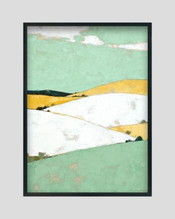 Minimalist landscape painting with mint-green fields, white hills, and yellow accents.